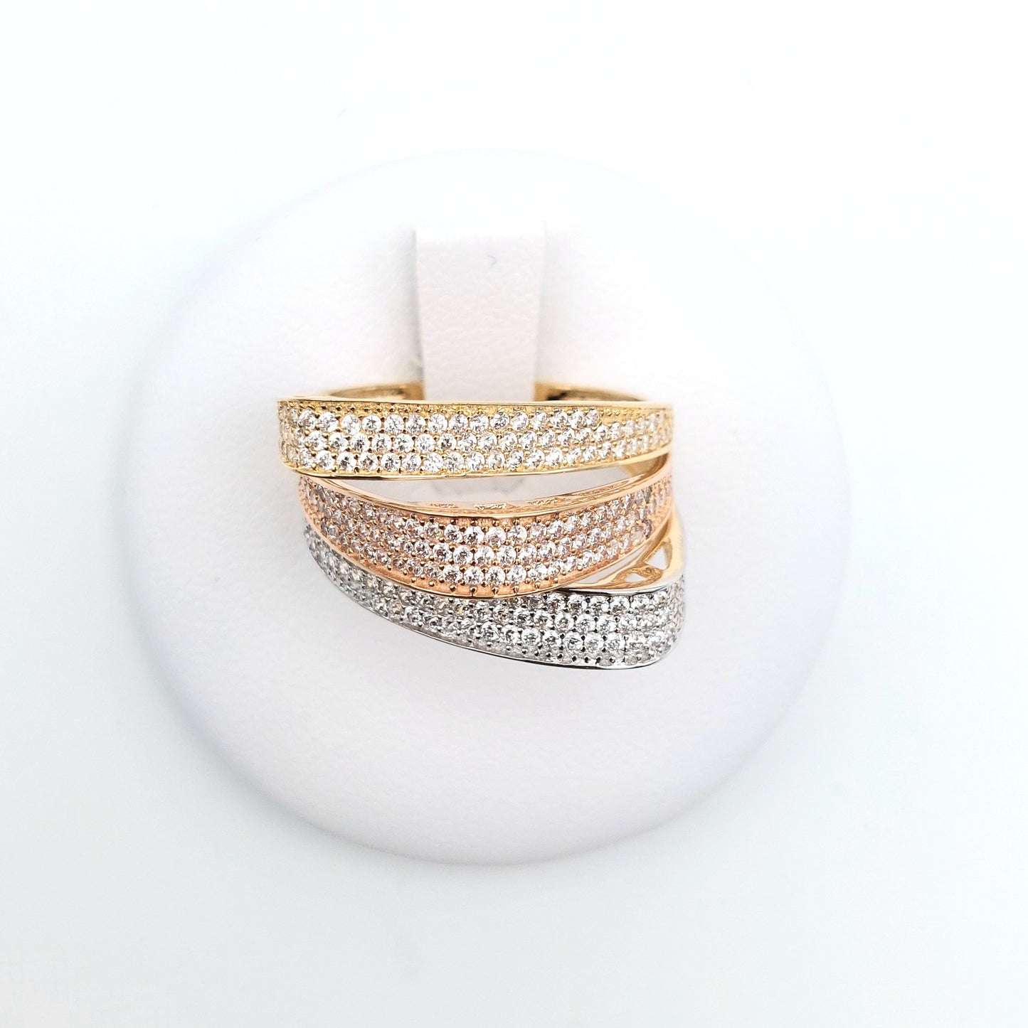 Anello da Donna con pavè di zirconi in Oro Rosa, Oro Giallo e Oro Bianco 18 KT. AN-ORO065.