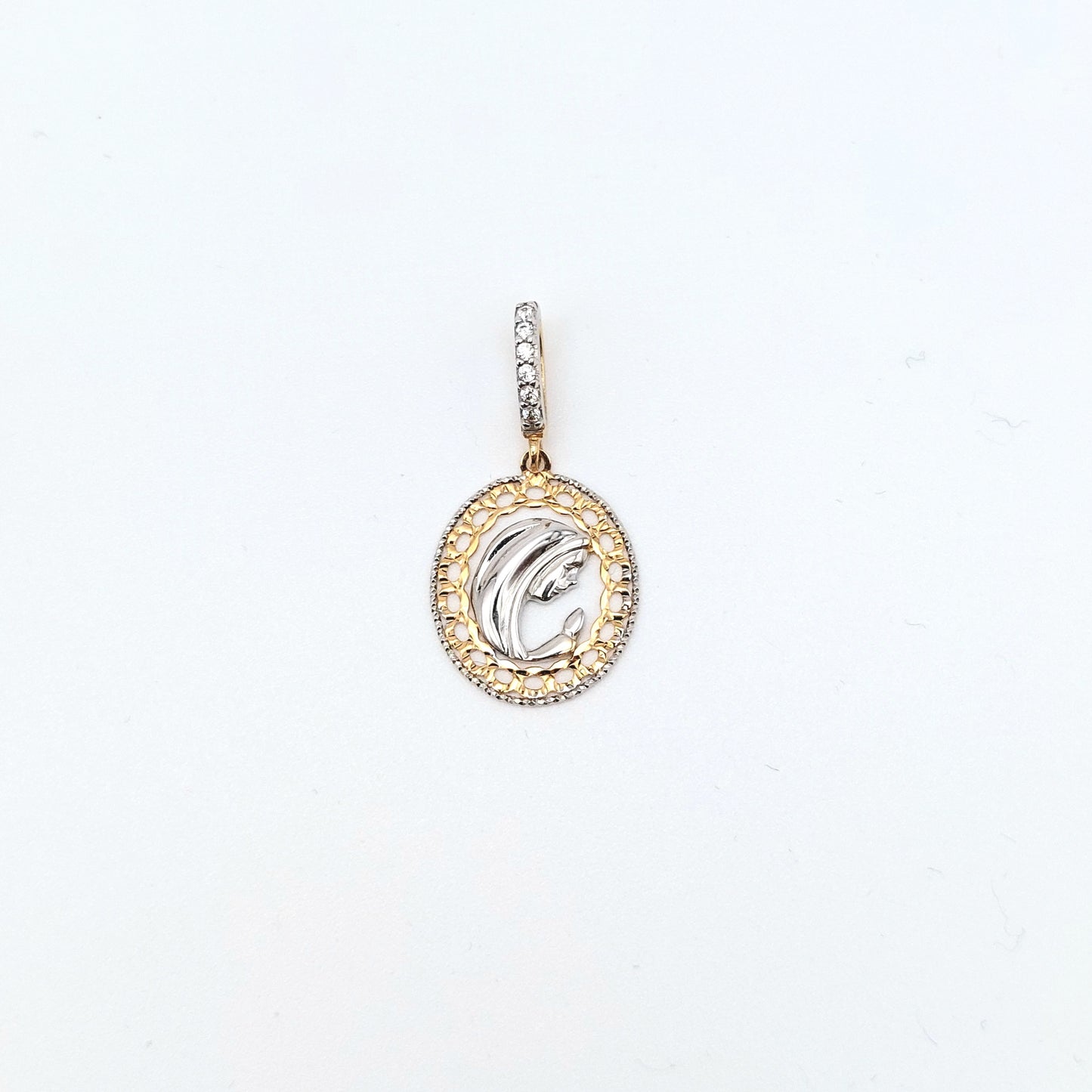 Medaglia sacra da donna in oro giallo e bianco. MED-ORO002.