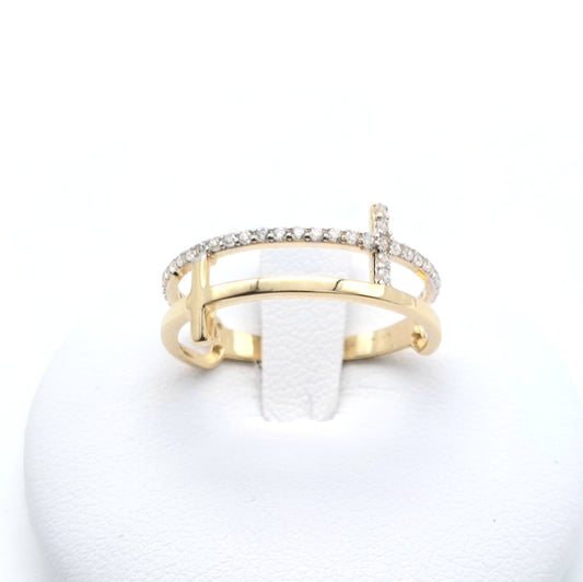 Anello da donna con croci sovrapposte, in Oro Giallo 18 KT e zirconi bianchi. AN-ORO074.