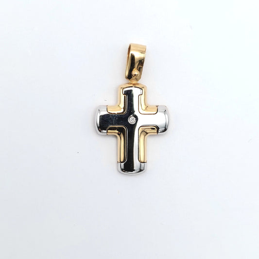 Croce in oro giallo e bianco 18 kt con diamantino. CR-ORO027.