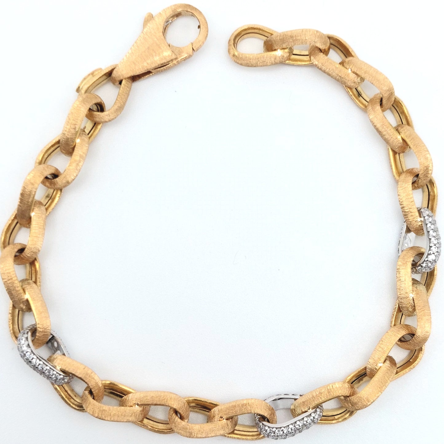 Bracciale a catena da Donna, diamantato a mano, con zirconi, in Oro Giallo e Oro Bianco.BR-D-ORO017.